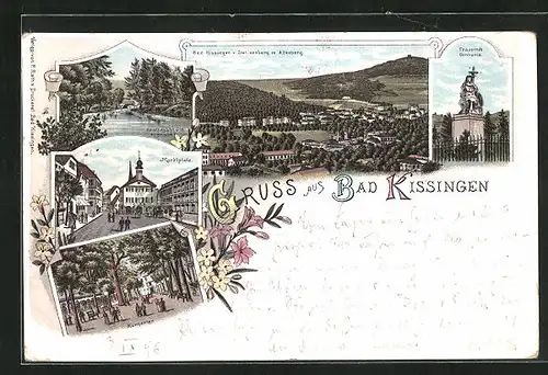Lithographie Bad Kissingen, Marktplatz, Trauernde Germania, Kurgarten