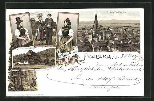 Vorläufer-Lithographie Freiburg i. B., 1895, Totalansicht, Schwarzwälder Volkstrachten, Bauernhaus, Rotwild