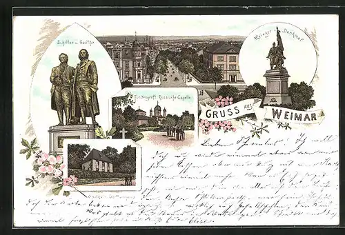 Lithographie Weimar, Schiller und Goethe, Fürstengruft, Kriegerdenkmal