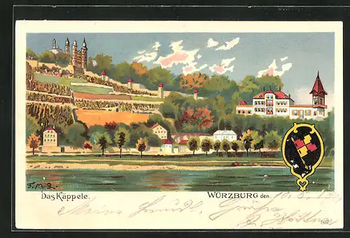 Lithographie Würzburg, Das Käppele vom Ufer aus