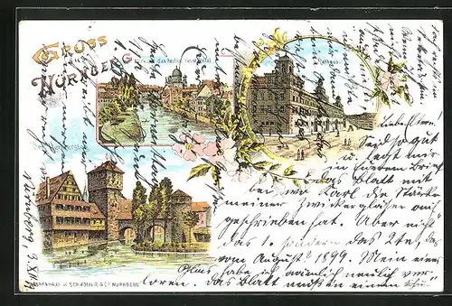 Lithographie Nürnberg, Rathaus, Henkersteg, Heiliges Geist-Spital