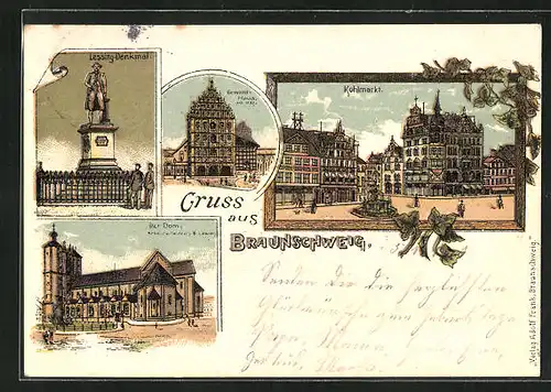 Lithographie Braunschweig, Lessing-Denkmal, Gewandhaus, Dom, Kohlmarkt