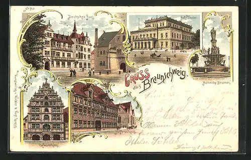 Lithographie Braunschweig, Deutsches Haus, Gewandhaus, Hofbrauhaus, Heinrichbrunnen