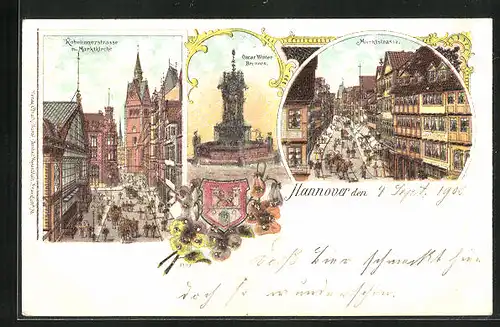 Lithographie Hannover, Oscar-Winter-Brunnen, Marktstrasse, Kobelingerstrasse mit Marktkirche, Wappen