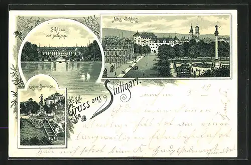 Lithographie Stuttgart, Schloss mit Anlage, Altes Schloss u. Eugen-Brunnen