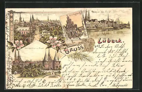 Lithographie Lübeck, Lübeck mit Dom, Hafen an der Trave, Holstentor