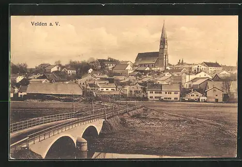AK Velden a. V., Blick auf Gemeinde mit Kirche und Brücke