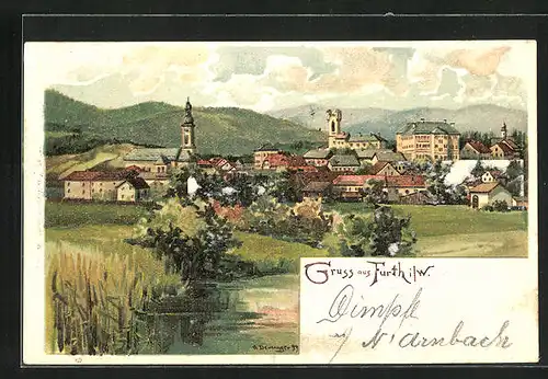 Lithographie Furth i. W., Blick auf Stadt mit Teich