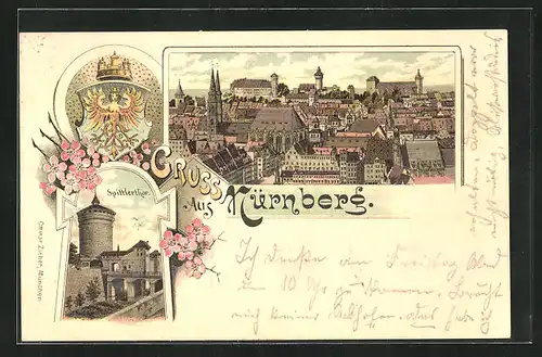 Lithographie Nürnberg, Blick auf die Stadt mit Spittlerthor