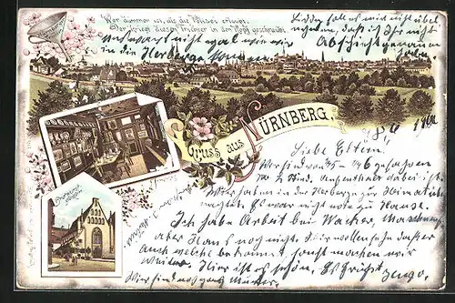 Lithographie Nürnberg, Gasthaus Bratwurstglöcklein, Nürnberger Trichter