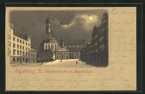 Mondschein-Lithographie Augsburg, St. Ulrichskirche im Vollmondlicht
