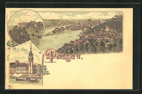 Lithographie Passau, Blick auf Stadt, Rathaus, Oberhaus