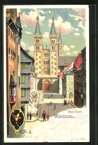 Lithographie Würzburg, Blick auf den Dom mit Passanten