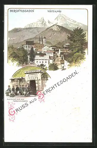 Lithographie Berchtesgaden, Berg Watzmann, Ausfahrt aus dem Ferdinandberg