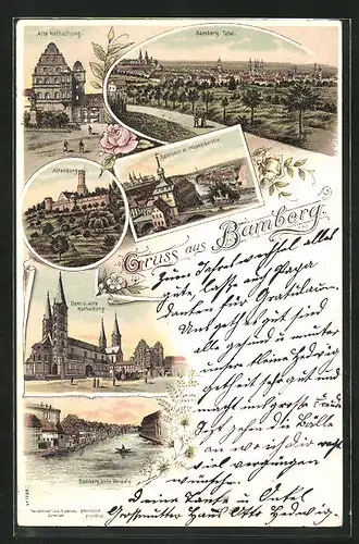 Lithographie Bamberg, Blick auf die Stadt, Altenburg, Alte Hofhaltung