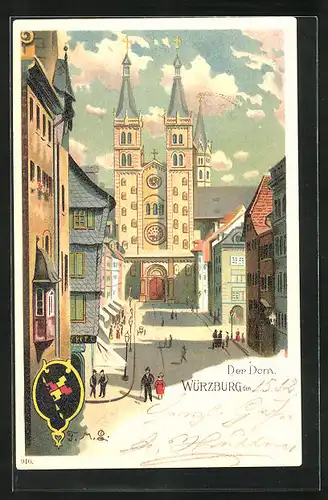 Lithographie Würzburg, Blick auf den Dom mit Passanten