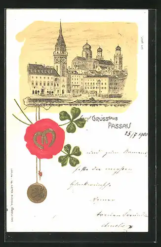 Lithographie Passau, Blick auf das Rathaus und den Dom