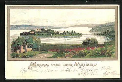 Künstler-AK Mainau, Panorama der Blumeninsel
