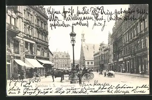 AK Zwickau i. S., Hauptmarkt mit Kutschen