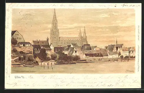 Künstler-AK Ulm a. D., Münster aus der Ferne