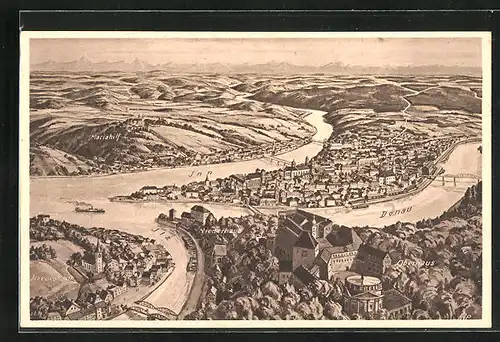 AK Passau, Ortsansicht aus der Vogelschau