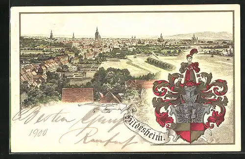Passepartout-Lithographie Hildesheim, Panoramablick auf die Stadt, Wappen
