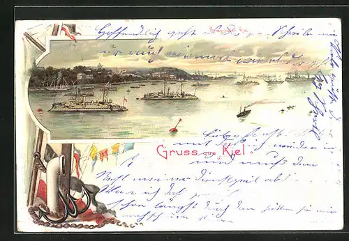 Lithographie Kiel, Panorama vom Kriegshafen