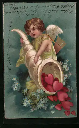 Präge-AK Amor mit Füllhorn voller Herzen