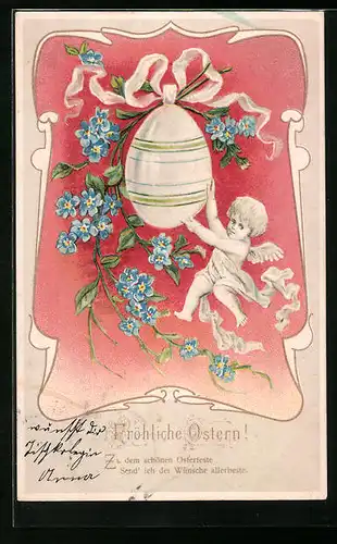 Präge-AK Osterengel mit Ei und Vergissmeinnicht