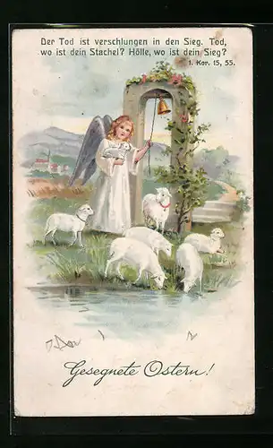 AK Osterengel mit Lämmern läutet die Glocken, Vers aus der Bibel