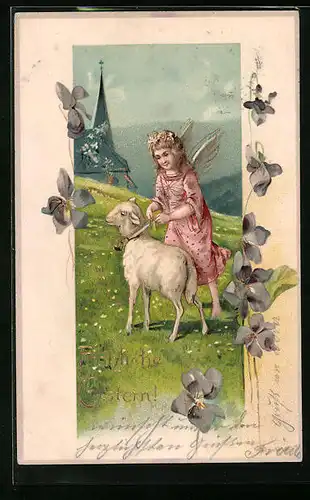 Lithographie Osterengel bindet Lamm eine Glocke um den Hals