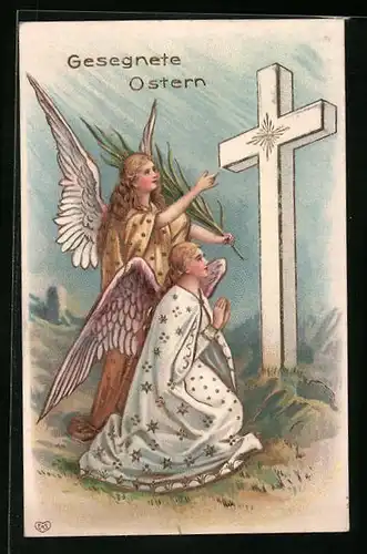 Präge-AK Osterengel beten vor einem Kreuz