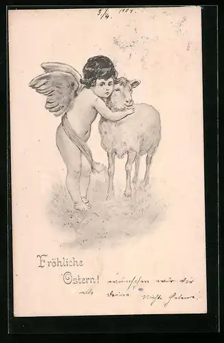AK Osterengel umarmt ein Lamm