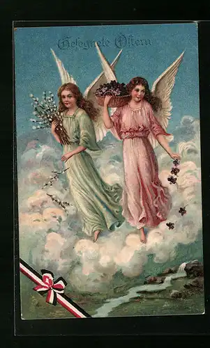 AK Osterengel lassen es Veilchen und Weidenkätzchen regnen