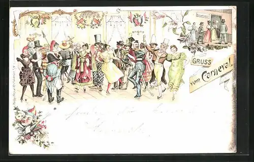 Lithographie Tanzende Menschen beim Fasching