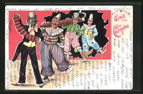 Lithographie Verkleidete Menschen mit grosser Zigarre, Fasching