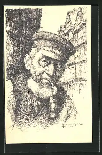 Künstler-AK Hamburger Segelmacher mit Pfeife