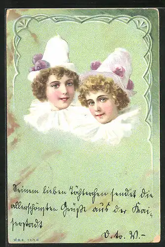 Lithographie Damen als Pierette verkleidet