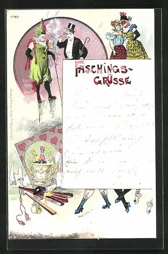 Lithographie Faschingsgrüsse mit verkleideten Menschen