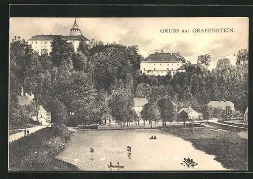 AK Grafenstein, Park mit Ruderbooten auf dem See, Burgberg