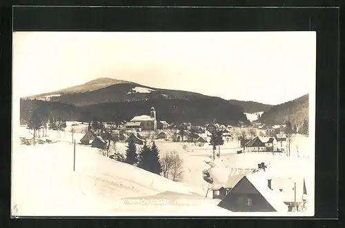 Foto-AK Harrachsdorf, Totalansicht des verschneiten Ortes