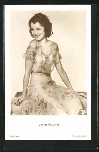 AK Schauspielerin Janet Gaynor mit bezaubernden Lächeln und Kleid