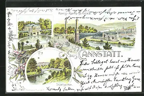 Lithographie Cannstatt, Inselspitze, Schloss Wilhelma, König-Karls-Brücke
