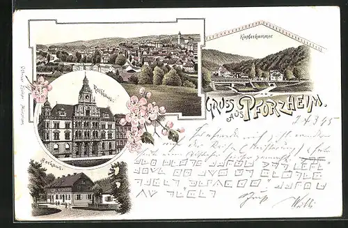 Vorläufer-Lithographie Pforzheim, 1895, Rathaus, Kupferhammer, Seehaus