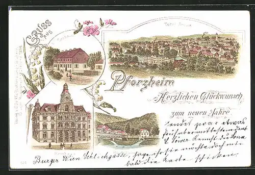 Lithographie Pforzheim, Seehaus, Rathaus, Kupferhammer, Totalansicht