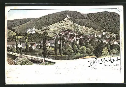 Lithographie Bad Liebenzell /Schwarzwald, Ortsansicht mit Burg auf Hügel