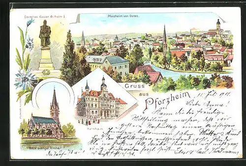 Lithographie Pforzheim, Denkmal Kasier Wilhelm I. Rathaus, Neue Evangelische Kirche, Ortsansicht