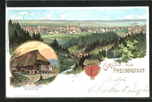 Lithographie Freudenstadt, Schwarzwälder Bauernhaus, Gesamtansicht, Wappen