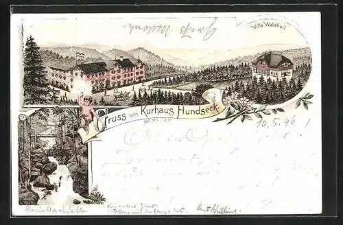 Lithographie Bühl, Kurhotel Hundseck, Wasserfall, Villa Waldheil