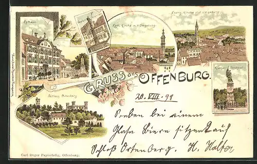 Lithographie Offenburg, Kath. Kirche, Neptun Brunnen, Schloss Ortenberg